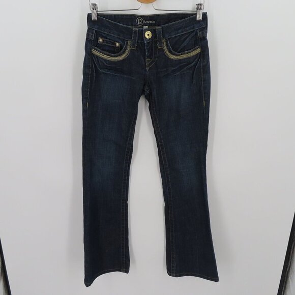Bebe Womens 27 Gold Silver Thread Embroidered Dark Blue Denim Jeans Flare Y2K - Picture 12 of 13